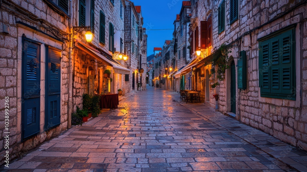 Fototapeta premium Charming narrow street with stone buildings illuminated at dusk, inviting atmosphere with warm lights.