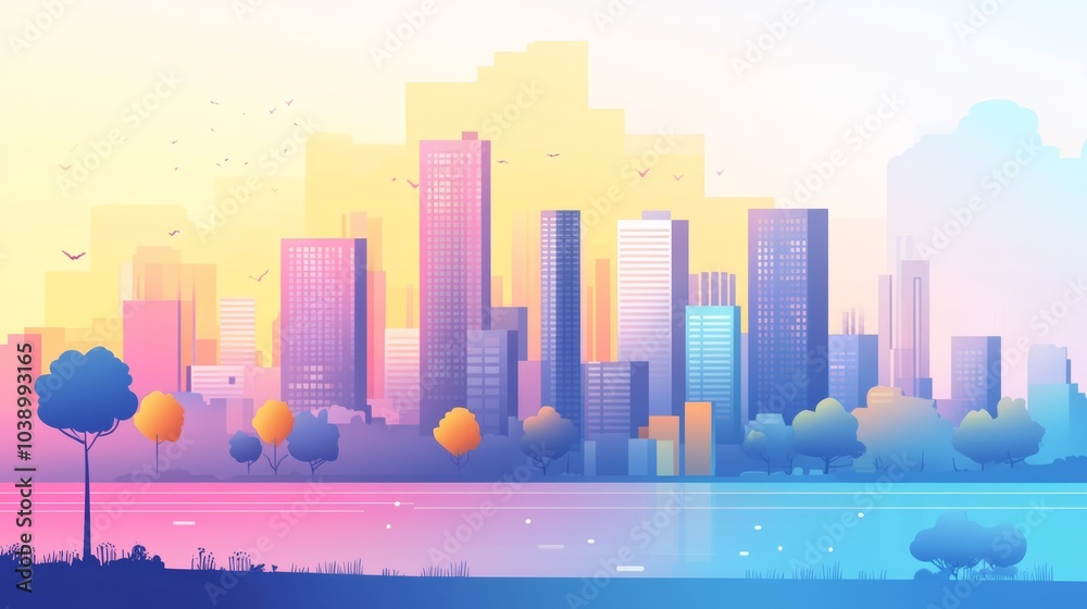 Serene Cityscape in Pastel Sunset with Reflective Waters Serene Cityscape in Pastel Sunset with Reflective Waters