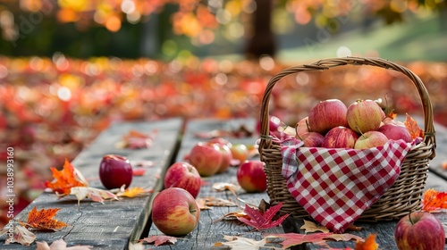 A basket of freshly picked apples sitting on a picnic table, surrounded by... photo