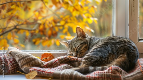 Fototapeta Naklejka Na Ścianę i Meble -  A cat curled up on a windowsill, with fall foliage outside and a cozy blanket...