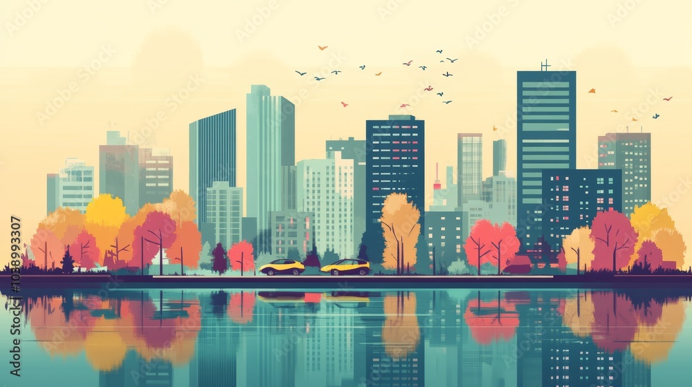 Fototapeta premium Serene Urban Landscape with Reflective Water and Vibrant Autumn Foliage