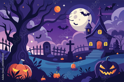 Spooky Halloween Night Cemetery Landscape