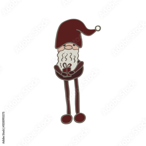 Christmas elf with a gift. Cartoon line art drawing.