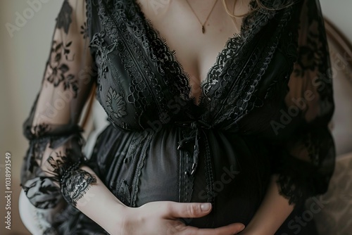 A close-up of the pregnant belly, a woman in her first trimester wearing an... photo