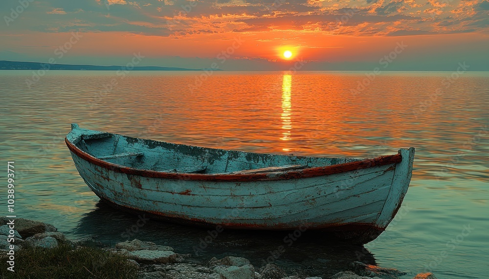 A Weathered Wooden Boat Moored at the Shoreline During Sunset A Weathered Wooden Boat Moored at the Shoreline During Sunset