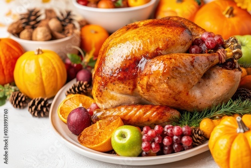 Delicious roasted turkey centerpiece with colorful autumn garnishes and seasonal fruits on a festive table.