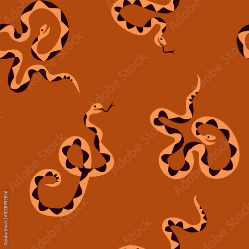 Flat vector seamless pattern with wavy snakes in cartoon style on brown background. Modern seamless pattern perfect for decor of children baby room, textile, fabric, bedding, package, wallpaper. 