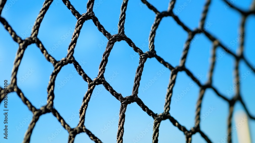 Naklejka premium A tennis net's braided mesh texture, outdoor setting with sunny weather, Minimalist style