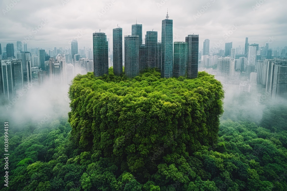 Fototapeta premium A lush green forest growing atop skyscrapers in a vibrant urban landscape during daylight