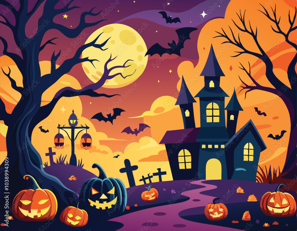 Fototapeta premium Haunted Halloween Night Scene With Spooky House
