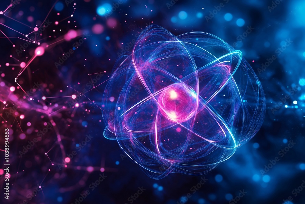A vibrant and colorful depiction of an atom showcasing its electrons in motion against a cosmic background A vibrant and colorful depiction of an atom showcasing its electrons in motion against a cosmic background