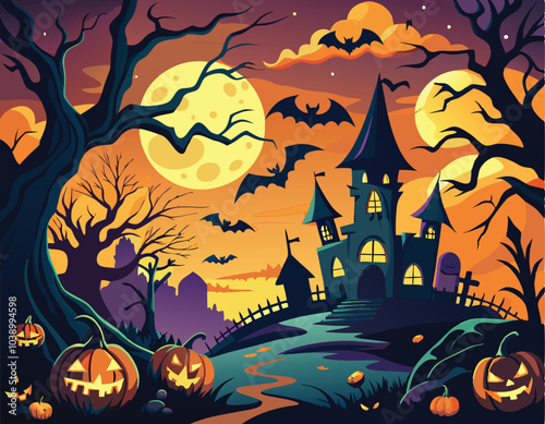 Haunted Halloween House Night Sky Bats Pumpkins