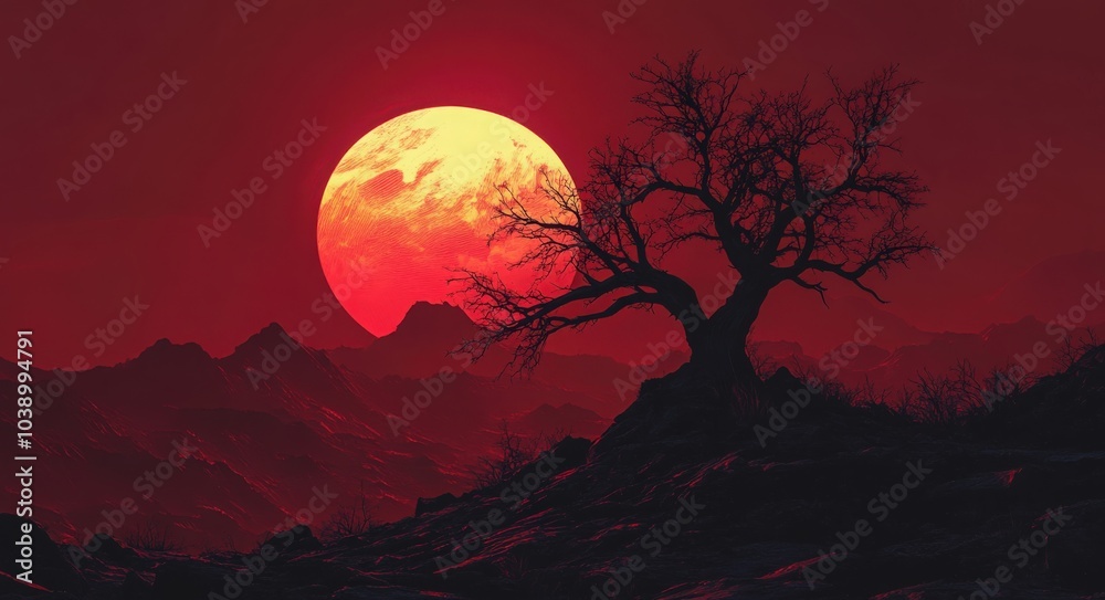 Obraz premium A striking red moon rises over a barren landscape with silhouetted trees at dusk