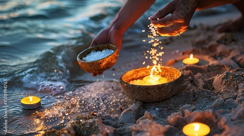 A Wiccan cleansing ritual being performed at the beach, with salt, water, and... photo