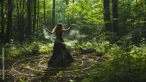 A Wiccan priestess casting a circle in a forest, with a wand and protective...