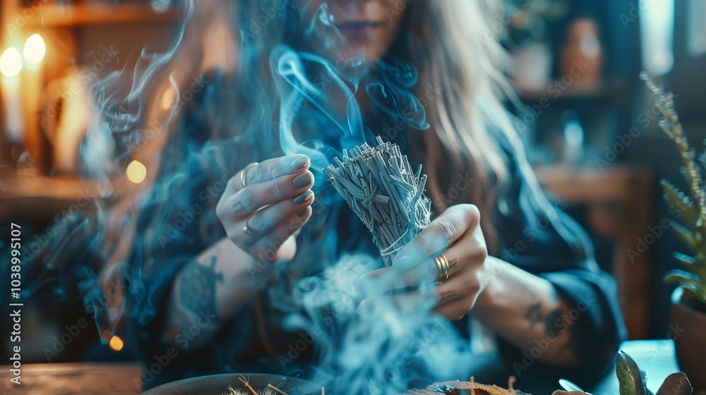 Obraz premium A witch cleansing a ritual space with a bundle of burning sage, smoke...