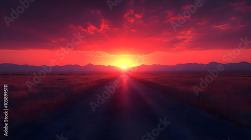 Red Sunset Landscape Illustration