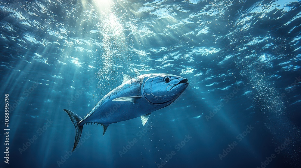 Obraz premium Photorealistic Blue Tuna Fish Swimming in the Ocean with Sunlight Rays and Water Ripples in a Wide-Angle View 