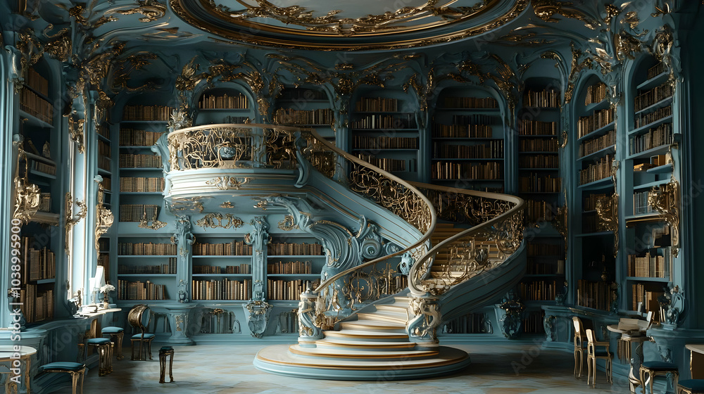Elegant Blue and Gold Library with a Grand Staircase - 3D Illustration Elegant Blue and Gold Library with a Grand Staircase - 3D Illustration