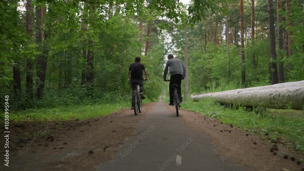 Two friends riding bicycles along a paved untarred path surrounded by lush green trees, one of them stands while cycling, a log of wood lies along the side Two friends riding bicycles along a paved untarred path surrounded by lush green trees, one of them stands while cycling, a log of wood lies along the side