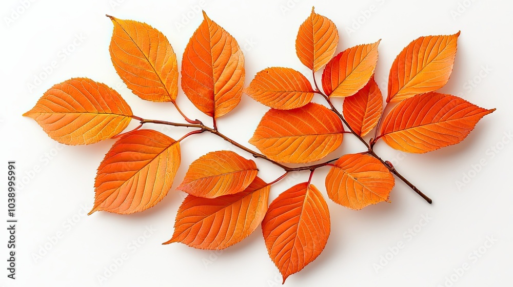A branch with vibrant orange leaves, showcasing the beauty of autumn foliage against a clean, white background. A branch with vibrant orange leaves, showcasing the beauty of autumn foliage against a clean, white background.