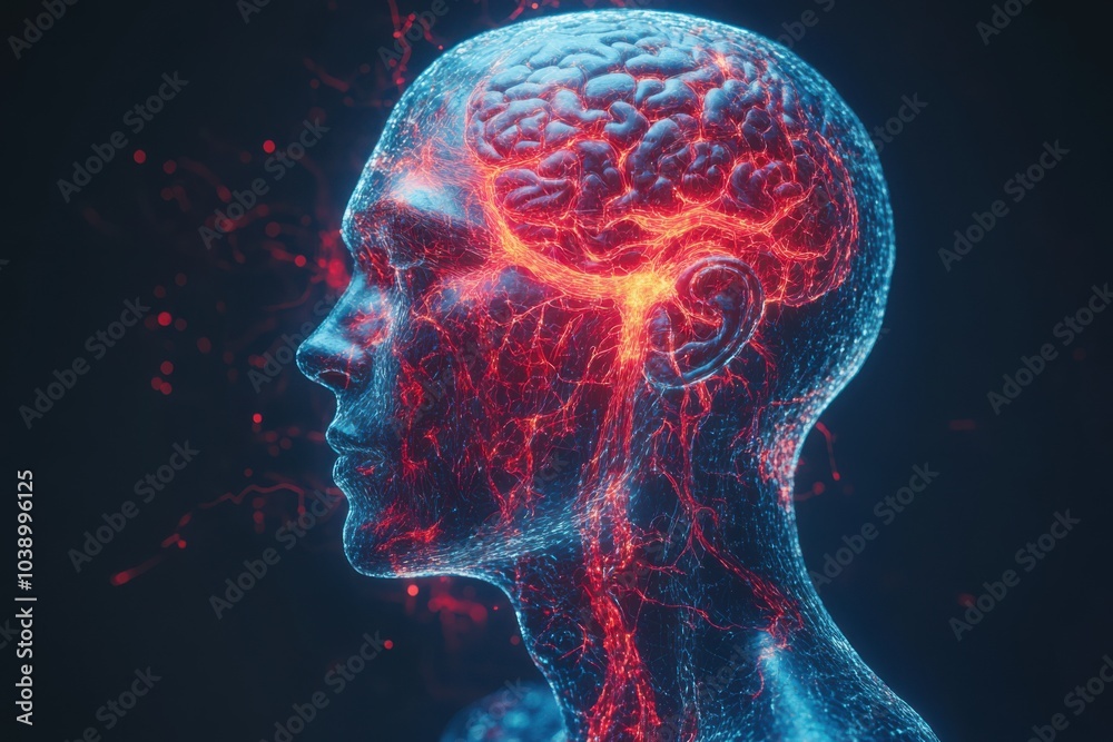 Illustration of understanding stroke and vascular brain issues, brain health. Virtual man neon brain, nerve endings and blood vessels Illustration of understanding stroke and vascular brain issues, brain health. Virtual man neon brain, nerve endings and blood vessels