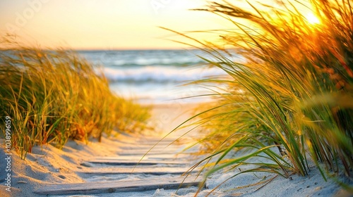   A grass-foregrounded path leads to an oceanic background