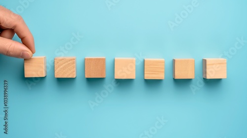 Arranging light wooden blocks in a row on a turquoise background during a creative activity