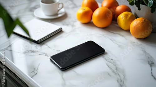 An iPhone resting on a white marble countertop, with fresh fruits and a notebook nearby.