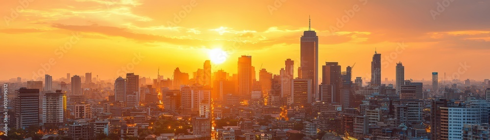 Fototapeta premium Panoramic city skyline during sunset with orange sky and silhouette of tall buildings.