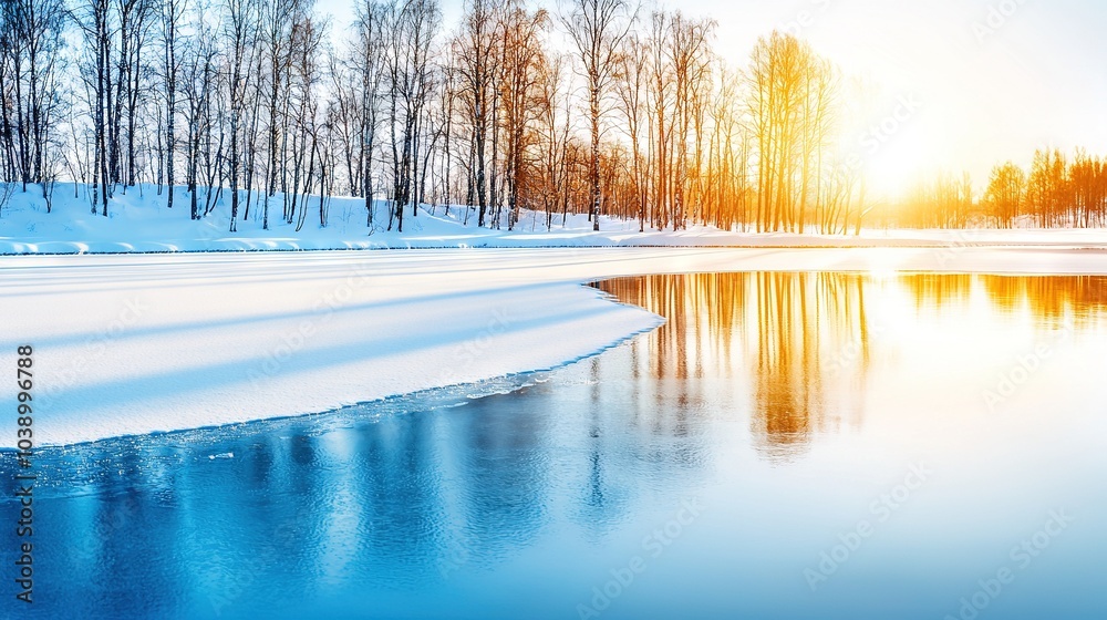 Water with trees and snow in the foreground, reflecting sunlight Water with trees and snow in the foreground, reflecting sunlight