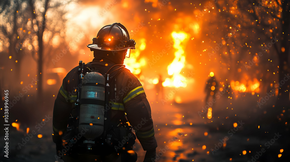 Firefighter Standing in Front of a Burning Fire - Realistic Image Firefighter Standing in Front of a Burning Fire - Realistic Image