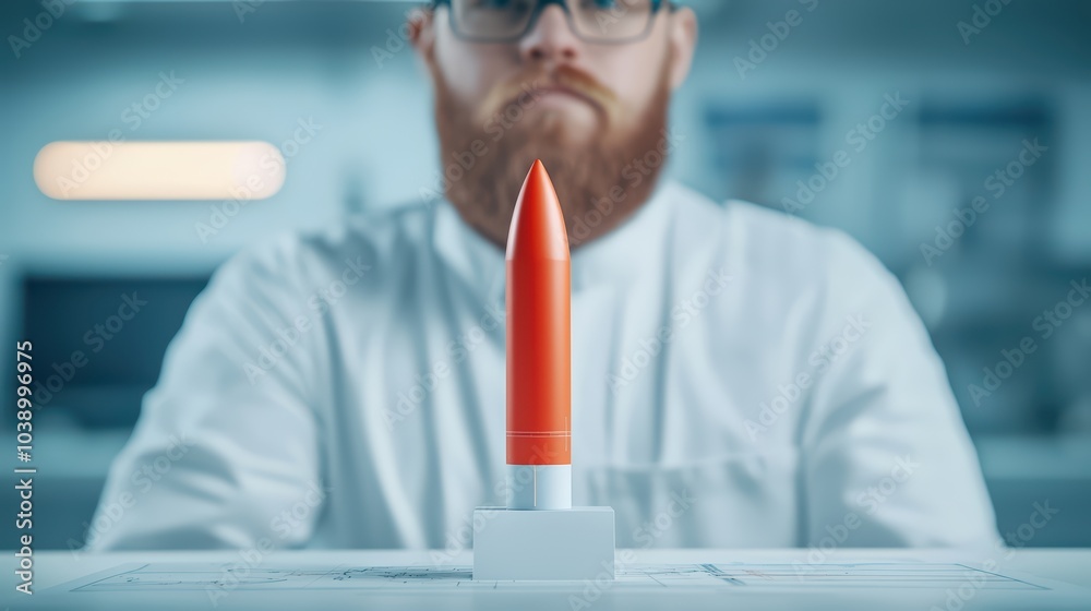 Scientist in a lab focusing on innovative research with a bright red model on the table, white isolate background. Scientist in a lab focusing on innovative research with a bright red model on the table, white isolate background.