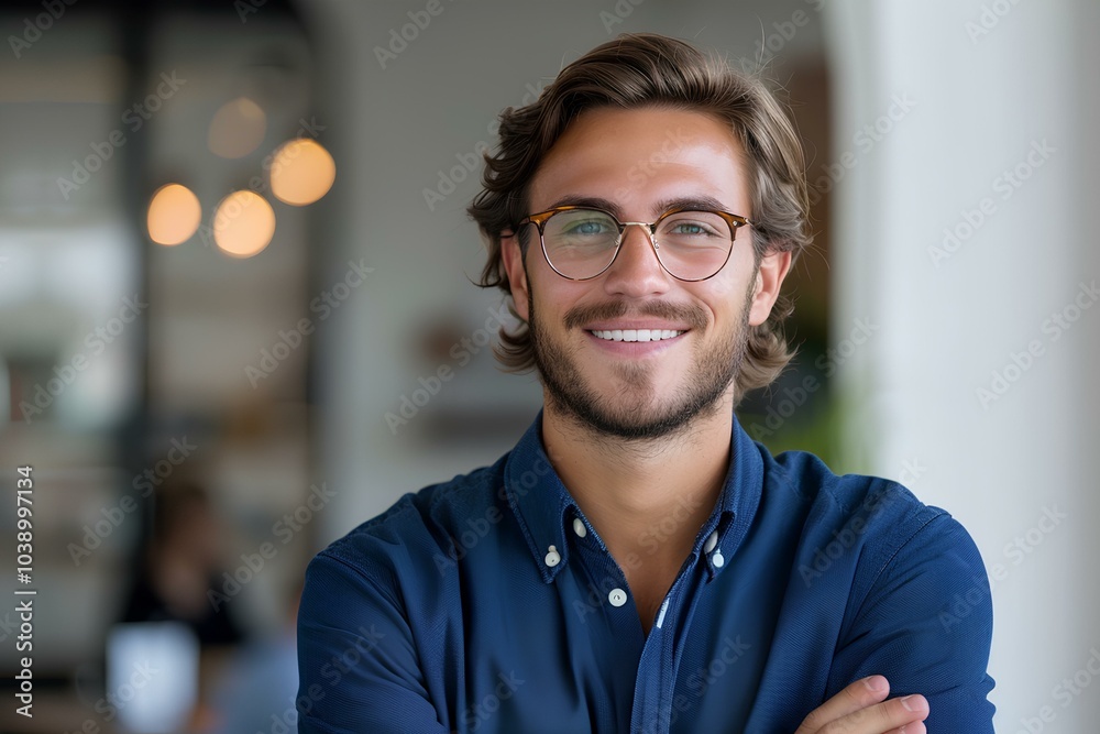 A man wearing glasses and a blue shirt A man wearing glasses and a blue shirt