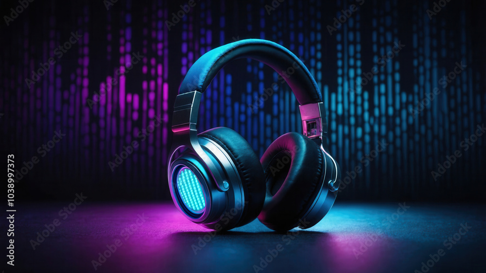 Wireless headphones resting on vibrant surface with equalizer background Wireless headphones resting on vibrant surface with equalizer background