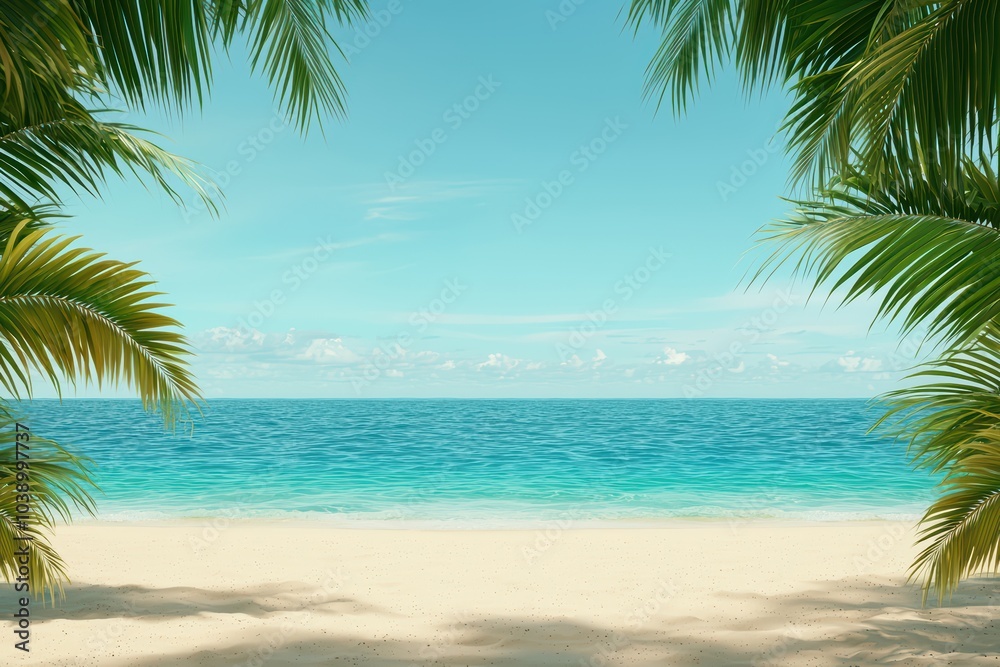 Tranquil beach view with clear blue water framed by lush palm leaves under a bright sky. Tranquil beach view with clear blue water framed by lush palm leaves under a bright sky.