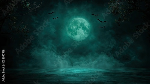 A mystical night scene featuring a large, glowing moon amid dark green fog and silhouettes of bats in a tranquil atmosphere.