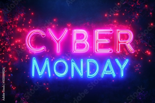 Cyber monday neon sign glowing on textured wall with lights