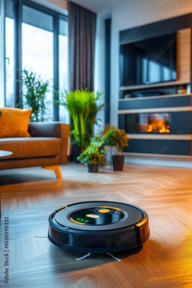 Un robot aspirador limpia el suelo de una sala acogedora con plantas y un moderno salón con chimenea al fondo.
Un robot aspirador limpia el suelo de una sala acogedora con plantas y un moderno salón con chimenea al fondo.