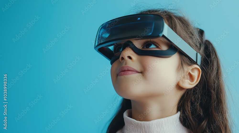 Young girl exploring virtual reality with headset, blue background Young girl exploring virtual reality with headset, blue background