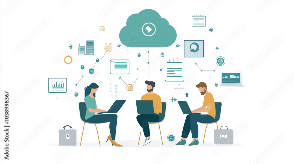 Modern illustration of remote professionals using cloud technology for seamless collaboration, virtual teamwork, and efficient business communication in a digital workspace. Modern illustration of remote professionals using cloud technology for seamless collaboration, virtual teamwork, and efficient business communication in a digital workspace.