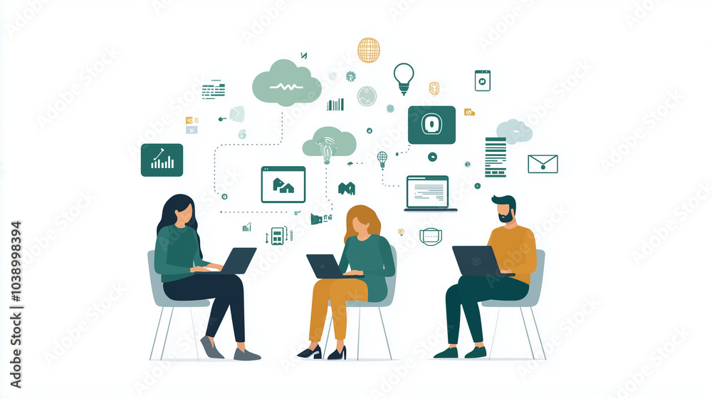 Modern illustration of remote professionals using cloud technology for seamless collaboration, virtual teamwork, and efficient business communication in a digital workspace. Modern illustration of remote professionals using cloud technology for seamless collaboration, virtual teamwork, and efficient business communication in a digital workspace.