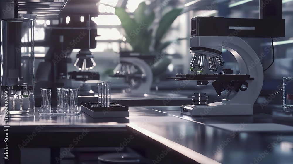 Medical research lab with sleek diagnostic tools and clean lab benches. Medical research lab with sleek diagnostic tools and clean lab benches.
