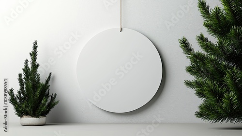 A minimalistic decor scene featuring a blank circular sign hanging between two small evergreen trees.