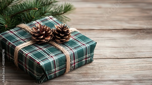 A beautifully wrapped gift with pinecones and greenery on a rustic wooden table, perfect for the holiday season.