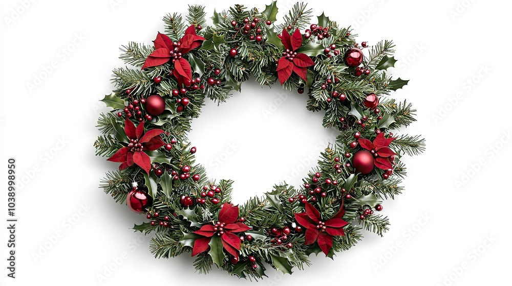 A festive Christmas wreath adorned with red poinsettias and shiny ornaments, perfect for holiday decorations. A festive Christmas wreath adorned with red poinsettias and shiny ornaments, perfect for holiday decorations.