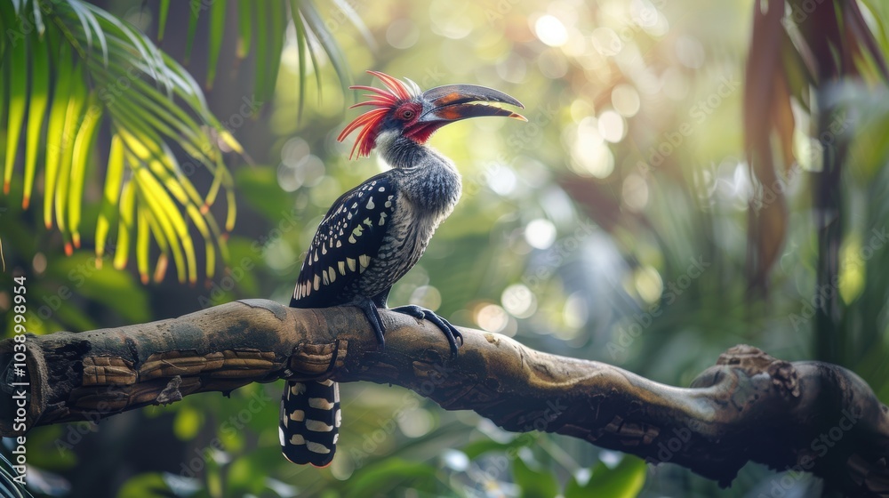 Obraz premium Tropical Hornbill Perched on a Branch in Lush Greenery