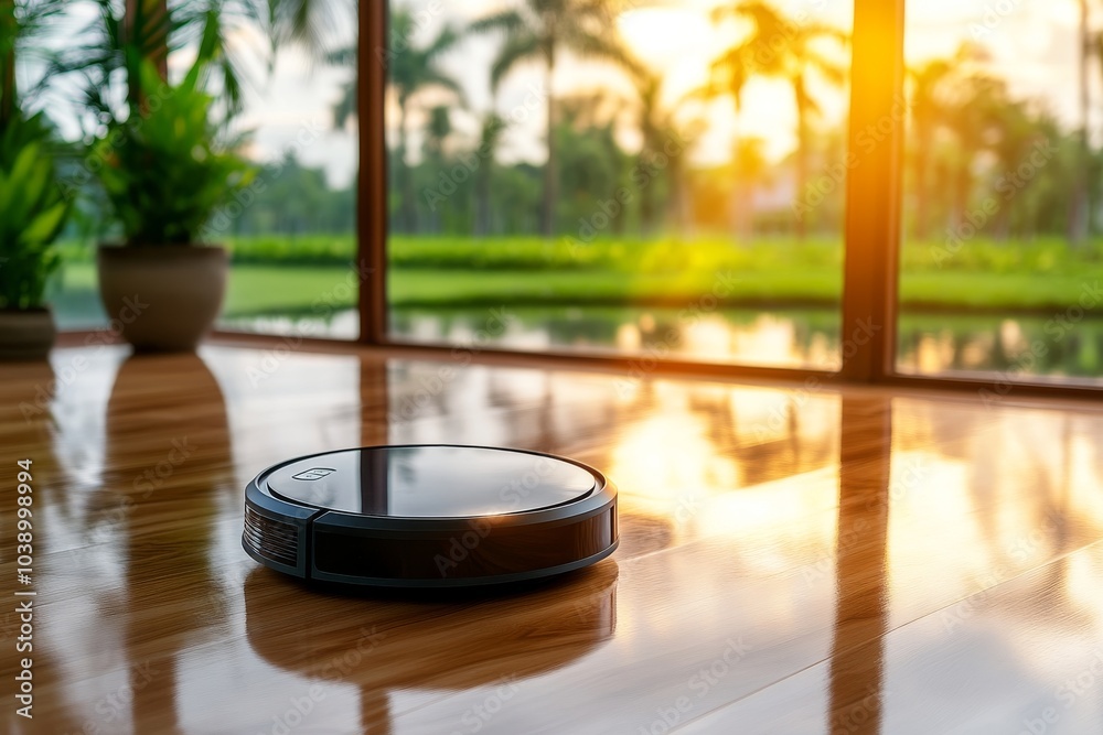  Un robot aspirador moviéndose por el suelo cerca de grandes ventanas con vistas a un jardín al atardecer.

