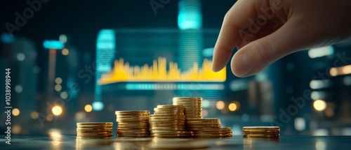  Montones de monedas doradas frente a un gráfico financiero iluminado, con una mano que apila monedas en un ambiente urbano nocturno.


