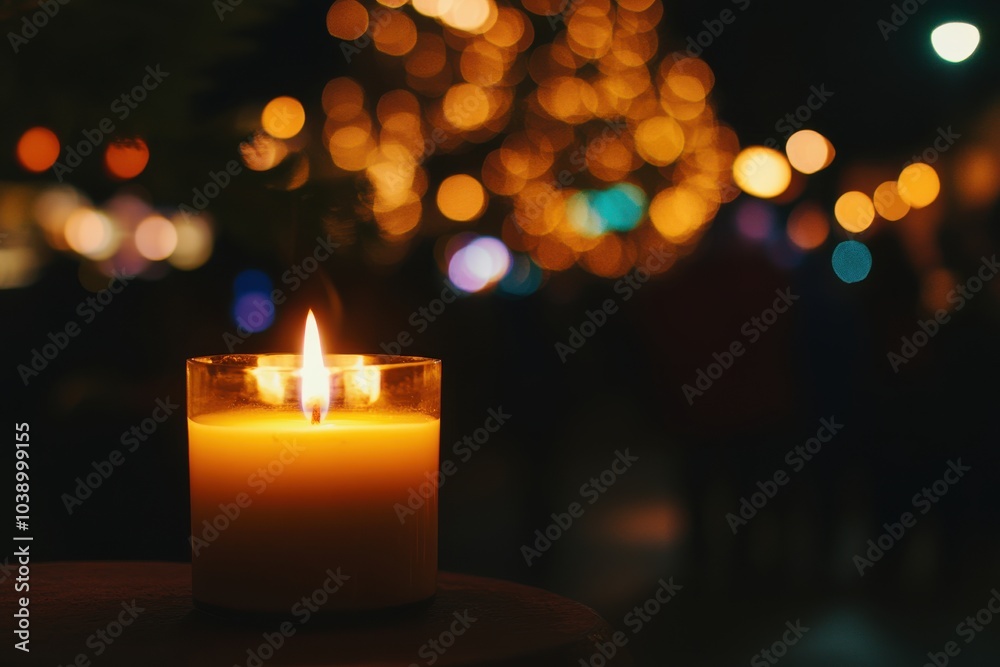 candle burning in the darkness, surrounded by blurred lights of Christmas decorations candle burning in the darkness, surrounded by blurred lights of Christmas decorations